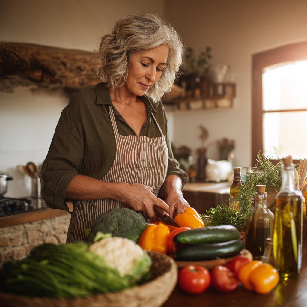 Middle-aged woman preparing fresh seasonal vegetables in a calm kitchen environment