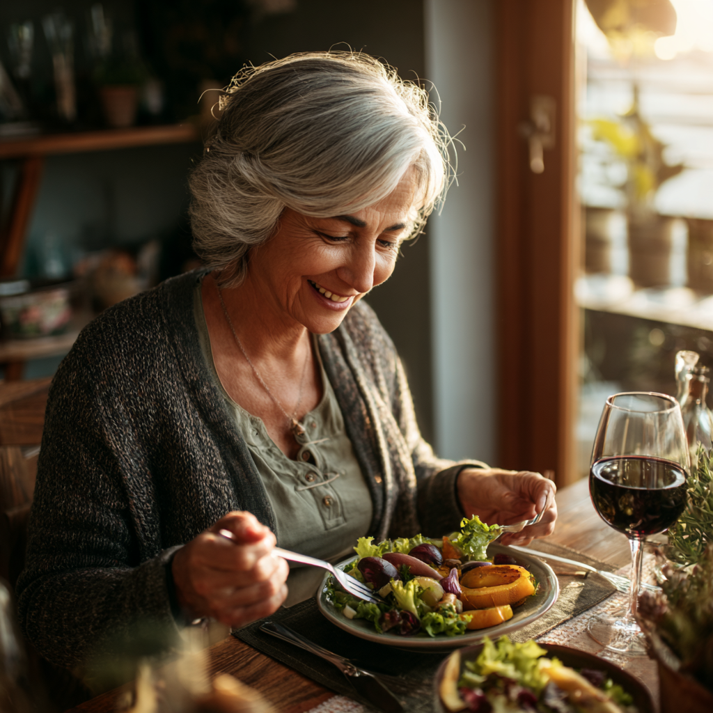 Older adult enjoying a balanced meal with seasonal ingredients in natural lighting